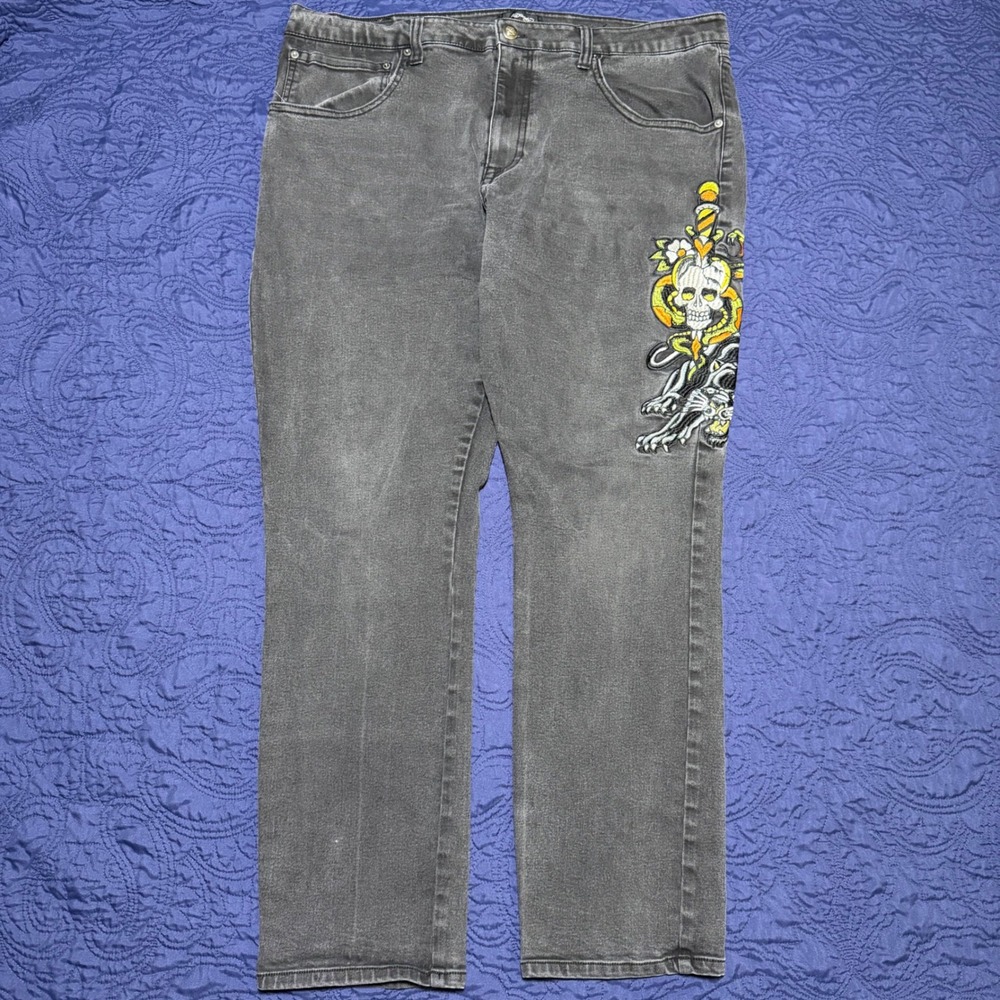 Ed Hardy Mens Denim Jeans Dark Gray Embroidered Panther Snake Skull Graphic 42